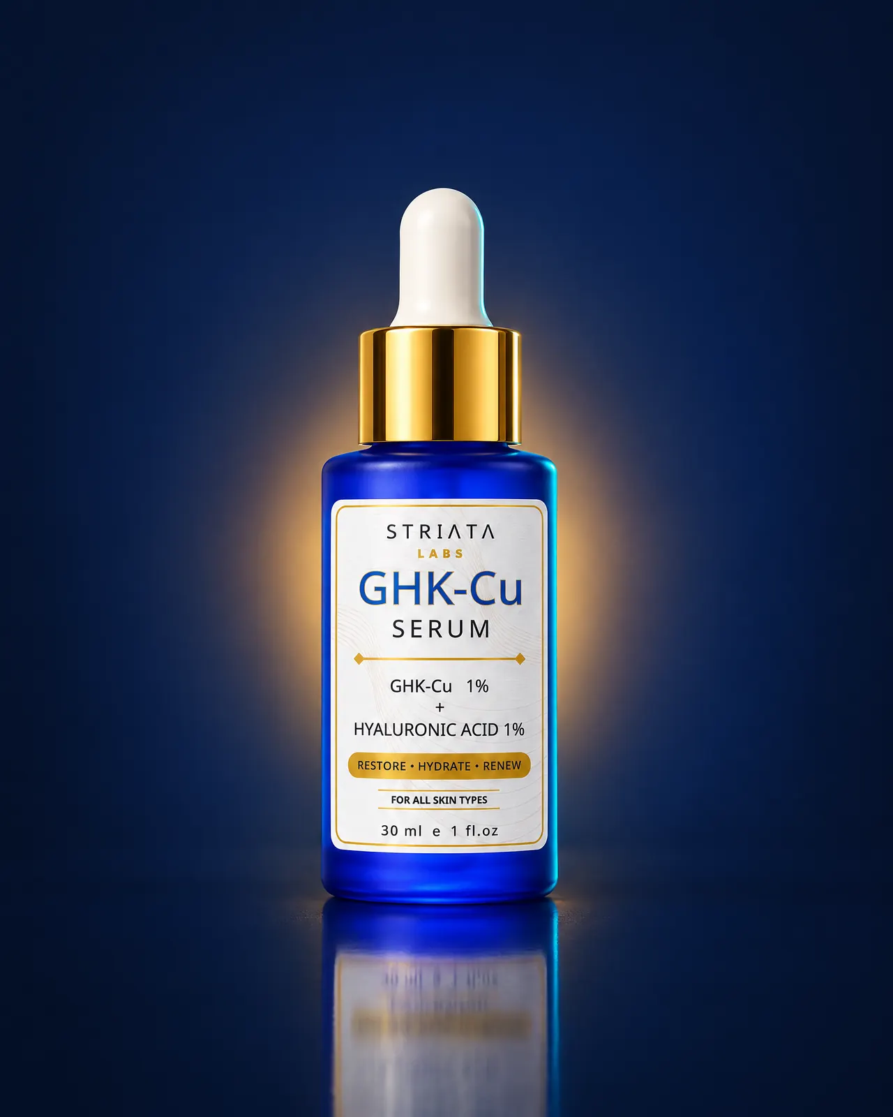 STRIATA Labs GHK-Cu Serum 1%, 30 ml blue glass dropper bottle with a gold collar