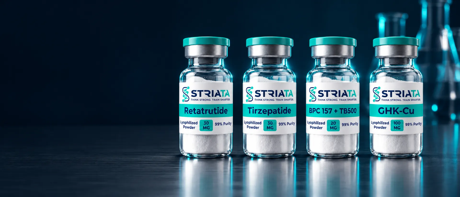 STRIATA Retatrutide, Tirzepatide, BPC-157 + TB-500 and GHK-Cu vials