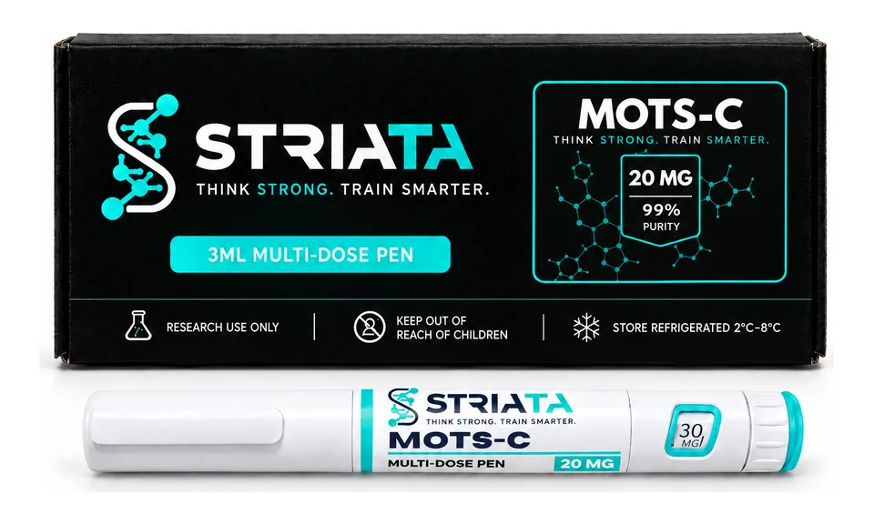 MOTS-C Pen, pre-filled peptide pen and box from STRIATA