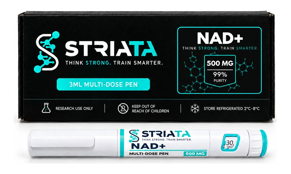 NAD+ Pen, pre-filled peptide pen and box from STRIATA
