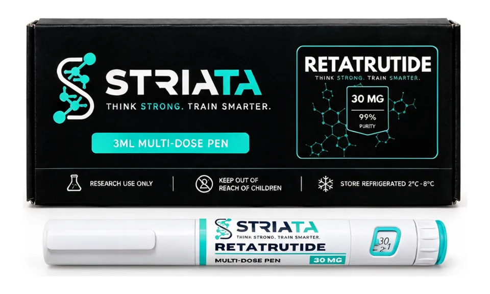 Retatrutide Pen, pre-filled peptide pen and box from STRIATA