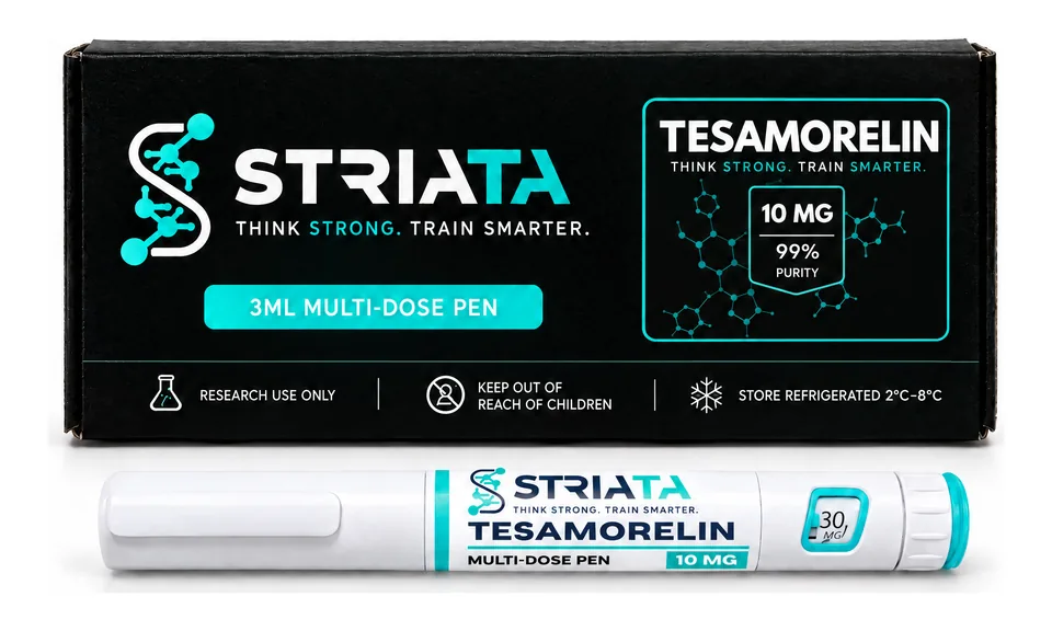 Tesamorelin Pen, pre-filled peptide pen and box from STRIATA